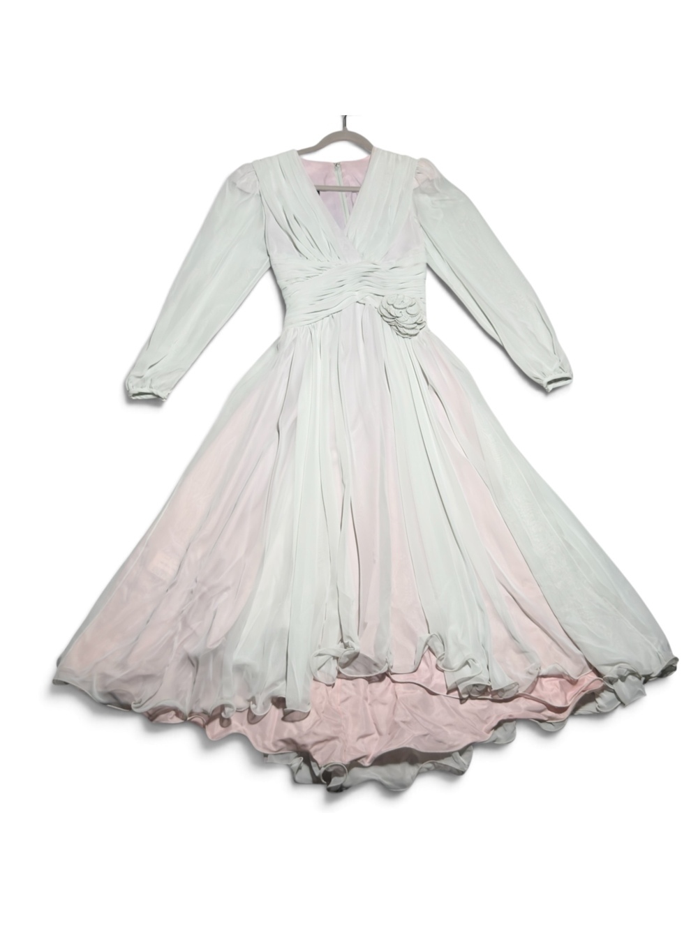 Vintage Ann Hobbs for Kastina White and Pink Long Sleeve Evening Dress XS